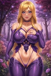 1girl 2d ai_generated big_breasts blonde_hair blue_eyes breasts choker costume crystal_(crystal_m) crystal_m curvy curvy_female fantasy female huge_breasts long_gloves long_stockings looking_at_viewer makeup micro_thong original original_character pussy pussy_focus shiny_skin smiling smiling_at_viewer solo_female solo_focus sorceress thick_thighs thighs thong tight_clothing voluptuous voluptuous_female