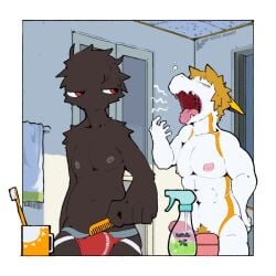 abs anthro avian bathroom beak bird bulge clothed clothing corvid dragon duo genitals hi_res jockstrap jockstrap_only looking_at_another male moesouna_gomi morning muscular muscular_anthro muscular_male mythological_creature mythological_scalie mythology nipples open_mouth orange_eyes oscine passerine pecs penis scalie snoring topless underwear underwear_only winged_arms wings