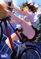 absurdres artbook artist_name bag bare_legs basket bicycle bicycle_basket blouse blue_sky bra brown_eyes brown_hair city cloud day female female_focus floating_hair from_below highres kneepits legs lingerie looking_at_viewer looking_down maybe midriff miniskirt open_mouth original outdoors outstretched_leg panchira panties pantyshot plaid_clothes plaid_skirt railing riding school_bag shirt shoe_soles shoes short_sleeves sitting skirt sky sneakers solo sunlight tree underwear upshirt upskirt white_bra white_panties white_shirt wind wind_lift yellow_eyes