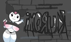 backwards_text bad_anatomy black_clothing fishnets graffiti graffiti_on_wall kuromi looking_at_viewer onegai_my_melody sanrio savagensfw spray_can spray_paint tank_top white_body white_fur