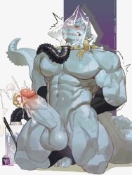 absurd_res anthro asphyxiation balls barazoku big_balls big_muscles big_penis black_clothing black_eyes black_footwear black_socks bodily_fluids breath_play clenched_teeth clothing cum cumshot dinosaur ejaculation footwear genital_fluids genital_piercing genitals grey_body grey_scales hands_behind_back hi_res humanoid_genitalia humanoid_penis kitai_su kneeling kneeling_on_ground male muscular muscular_anthro muscular_male muscular_sub nude_anthro nude_male penis penis_piercing piercing prehistoric_species prince_albert_piercing red_sclera reptile scales scalie socks solo submissive submissive_anthro submissive_male sweat sweatdrop teeth vein veiny_penis