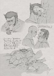 2boys absurdres anal_fingering arm_hair ass azuko_(@zuco) back bald beard blush censored completely_nude couple cum deadpool deadpool_&_wolverine deadpool_(series) english_commentary english_text erection facial_hair fellatio fingering full-face_blush hairy hands_on_another's_face heart highres leg_hair licking licking_penis lying male_focus marvel marvel_cinematic_universe marvel_comics mature_male multiple_boys muscular muscular_male nude on_stomach oral penis penis_grab pillow precum scar scars_all_over short_hair sweat teasing testicles tongue tongue_out translation_request wolverine_(x-men) x-men yaoi