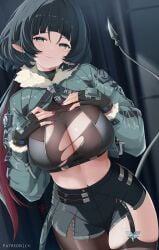 aqua_eyes black_hair black_shorts blunt_bangs breasts cowboy_shot crop_top cyicheng female grey_jacket hands_on_own_chest head_tilt jacket jane_doe_(zenless_zone_zero) large_breasts long_hair long_sleeves looking_at_viewer midriff nail_polish navel red_nails short_shorts shorts smile solo standing stomach thighs very_long_hair zenless_zone_zero