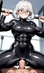 abs ai_generated girl glasses gym latex latex_catsuit latex_clothing muscles penetration penis_out shiny_clothes squatting weightlifting white_hair working_out