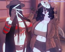 2girls 3d black_hair bra_visible_through_clothes costume curly_hair friday_the_13th ghost gloves halloween_costume hockey_mask hotpants jacket ju-on kiminodonuts koikatsu long_hair looking_at_viewer mask nightmare_on_elm_street nightmare_waifu pale_skin saeki_kayako shorts the_grudge the_ring torn_clothes white_skin yamamura_sadako