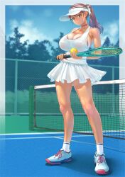 breasts chichimaro choker cleavage dark_areolae day female huge_breasts large_areolae nipples_visible_through_clothing no_bra outdoors ponytail see-through_top shoes skirt sneakers socks solo tan_body tank_top tanline tennis tennis_court tennis_racket tennis_uniform tight_tank_top visor_cap white_tank_top