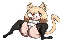 big_ass blonde_hair breasts cat_ears cat_tail feline_humanoid jojojiva legs_apart neco-arc pussy red_eyes thighhighs tongue_out white_shirt