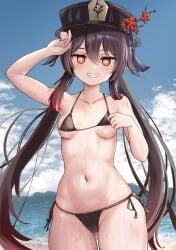 1girls ass_visible_through_thighs bare_arms beach bikini black_bikini black_hair black_hat blue_sky blush breasts flower_shaped_pupils genshin_impact hair_between_eyes highres hu_tao_(genshin_impact) long_hair looking_at_viewer micro_bikini navel orange_eyes small_breasts smile solo standing sweat swimsuit takenoko_pengin