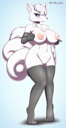 1girls 2017 4_fingers 4_tails absurd_res alolan_vulpix anthro anthrofied areola armwear big_breasts big_thighs biped black_armwear black_clothing black_legwear black_nose blue_background blue_eyes blush breasts canine cheek_tuft chest_tuft clitoris clothing crotch_tuft curled_tail elbow_gloves eyelashes fangs female fist front_view full-length_portrait fur furry furry_only gloves hair hi_res humanoid_hands inner_ear_fluff kemono legwear long_tail looking_down mammal mostly_nude multi_tail naked navel navel_rim nintendo nipples nude open_mouth pink_nipples pink_pussy pokemon pokemon_(species) pokemorph portrait puffy_areola puffy_nipples pussy raised_heel shadow short_hair simple_background small_waist solo standing stockings tail tailzkim thick_thighs thigh_highs thighhighs tiptoes tuft video_games voluptuous vulpix white_fur white_hair white_tail wide_hips