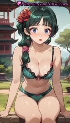 1girls ai_generated anime anime_style aqua_panties architecture bangs bare_arms bare_shoulders blue_eyes blush bow bow_bra bow_panties bra breasts bust busty cleavage collarbone day earrings east_asian_architecture feet_out_of_frame female female_focus female_only flower grass green_bra green_hair green_panties hair_flower hair_ornament hair_over_shoulder hair_scrunchie hentai jewelry kusuriya_no_hitorigoto large_breasts lipstick long_hair looking_at_viewer makeup maomao_(kusuriya_no_hitorigoto) medium_breasts natsuyoru navel outdoors panties parted_lips red_flower red_lips red_rose rose scrunchie sitting solo solo_female stomach thighs tree underwear underwear_only voluptuous voluptuous_female