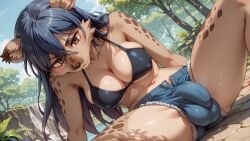 1futa ai_generated anthro ball_bulge belly_button bikini_top blue_hair bulge cutoff_shorts elza_(ishuzoku_reviewers) erect_nipples full-package_futanari futanari hyena_ears hyena_girl intersex ishuzoku_reviewers large_breasts legs_spread long_hair outdoors penis_bulge sweat unbuttoned_shorts yellow_eyes