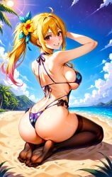 ai_generated anime babe beach bikini black_stockings blonde_female celestial fairy_tail fanart female girl hands_up happy happy_female kneeling_female kneeling_on_ground large_breasts lucy_heartfilia photo ponytail pose posing_for_the_viewer round_ass sand side_boob smiling_at_viewer solo_female stockings toongenai voluptuous witch