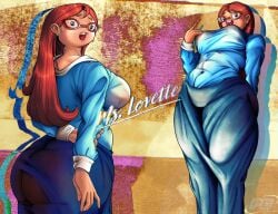 ass ass_cleavage ass_focus belly big_ass big_breasts big_thighs blue_clothing boobs_focus breasts buckteeth cleavage clothed clothed_female clothing glasses high_quality highres kindergarten_(game) low ms._lovelett nervous orange_hair polygone_arts pose pubic pussy red_hair see_through_clothing sketch sweat sweatdrop sweating sweaty_ass sweaty_body sweaty_butt taller_female teacher teacher_outfit voluptuous voluptuous_body voluptuous_female