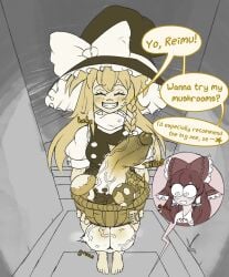 basket big_balls big_penis blonde_hair blush bow closed_eyes colored_sketch futanari halloween huge_penis jojojiva marisa_kirisame mushroom penis penis_awe red_hair reimu_hakurei surprised sweating text touhou uncensored witch_hat