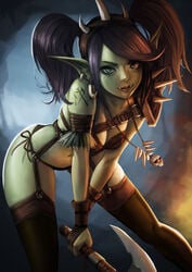 1girls axe black_hair bra clothes clothing female female_only green_eyes green_skin jungon_kim long_hair orc orc_female solo solo_female stockings thighhighs