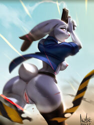 anthro anus ass breasts clothing disney female gun judy_hopps lagomorph legwear looking_back mammal medium_breasts mr._mist nipples pussy rabbit ranged_weapon solo stockings weapon zootopia