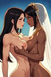 2girls ai_generated areolae bare_shoulders big_breasts black_hair blush breast_press breast_squeeze brown_eyes completely_naked completely_naked_female completely_nude completely_nude_female dark-skinned_female dark_skin embrace female female_only hand_on_breast hourglass_figure hug hugging indian indian_female light-skinned_female light_skin long_hair looking_at_another looking_at_partner naked naked_female necklace nipples nude nude_female pink_nipples red_lips red_lipstick round_ass simple_background slim_waist smiling_at_partner staring veil yuri