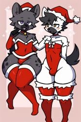 2boys ai_generated christmas christmas_outfit femboy femboy_only furry furry_male furry_only gray_fur no_sex simple_background thick_ass thick_thighs thighhighs white_fur