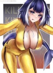 1girls absurdres animal_ears big_breasts blue_hair body_markings bodysuit breasts bruce_lee's_jumpsuit cetacean_tail cleavage facial_mark female female_only fins fish_tail highres indie_virtual_youtuber large_breasts leaning_forward light-skinned_female light_skin long_hair looking_at_viewer multicolored_hair official_alternate_costume orca_girl purple_eyes purple_hair shylily shylily_(4th_costume) shylily_(kill_lil) solo streaked_hair sweat tail tongue tongue_out twitch twitch.tv twitter virtual_youtuber viviria vtuber white_hair yellow_bodysuit youtube youtuber