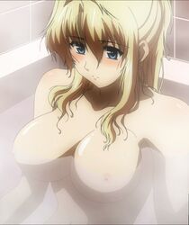 alluring areolae bath bathroom bathtub blonde_hair blue_eyes blush breasts female freezing freezing_(series) hair_up high_resolution indoors large_breasts light-skinned nipples nude partially_submerged satellizer_el_bridget screen_capture screencap stitched water