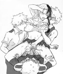 1girls 3boys beige_belt breast_grab clones cowgirl_position duplicated_character female female_todoroki group_sex katsuki_bakugou male multiple_boys my_hero_academia rule_63 sex shouto_todoroki spiky_hair sucking_nipples tagme vaginal_penetration