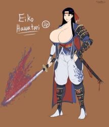 armor chokutou cleavage clothed female female_only franktonius hawatari_eiko holding_weapon huge_breasts large_breasts mole_on_breast no_bra original_character revealing_clothes samurai