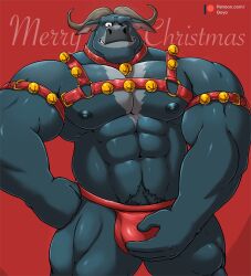 2022 abs anthro armband bell bell_collar bell_harness biceps bovid bovine bulge cape_buffalo chief_bogo clothing collar disney english_text gojho harness hi_res horn jingle_bell jingle_bell_collar jingle_bell_harness male male_only mammal merry_christmas muscular muscular_male navel nipples one_eye_closed pecs red_background simple_background smile solo standing text underwear zootopia