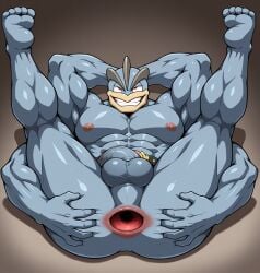 1boy 4_arms 5_fingers 5_toes abs ai_generated anal_gape anus balls bara barazoku belt blue-grey_skin clenched_teeth eye_roll flaccid game_freak gape gaping gaping_anus gen_1_pokemon grey_body grey_skin hands_behind_head hands_on_ass hands_on_butt humanoid legs_up looking_pleasured lying_on_back machamp male male_only muscle muscles muscular muscular_humanoid muscular_male nintendo nipples nude pecs penis perineum pokemon pokemon_(species) pokemon_rgby solo spread_anus stable_diffusion teeth_clenched