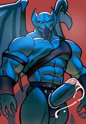 abs balanar_the_night_stalker biceps blue_body blush bodily_fluids cum digital_drawing_(artwork) digital_media_(artwork) dota dupertaro erection g;erection genital_fluids genitals glans hi_res humanoid_genitalia humanoid_penis male muscular muscular_male penis solo standing tail teeth tongue tongue_out valve wings