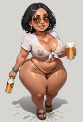 1girls ai_generated beer black_hair brazilian_female brown_nipples brown_skin curly_hair dark-skinned_female family_guy from_above functionally_nude_female green_nail_polish grin huge_ass large_breasts looking_at_viewer meg_griffin nipples_visible_through_clothing plump pussy_juice pussy_juice_drip race_swap sandals see-through_clothing shortstack solo sunglasses tagme thong tied_shirt wide_hips