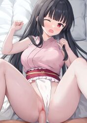 1boy absurdres black_hair blunt_bangs blush breasts censored clothing_aside commentary_request feet_out_of_frame female frilled_sash fundoshi fundoshi_aside highres hoshimi_tooni houraisan_kaguya japanese_clothes long_hair looking_at_viewer lying medium_breasts missionary mosaic_censoring on_back on_bed one_eye_closed open_mouth penis pillow pink_shirt red_eyes red_sash sash sex shirt sleeveless sleeveless_shirt solo_focus spread_legs straight touhou touhou_tag_dream vaginal_penetration