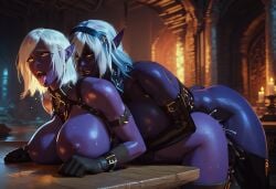 ai_generated blue_body blue_skin boots castle dark_elf elf elf_ears fallen_throne from_behind futa_on_female futanari gloves harness large_breasts leather manaworld purple_body purple_skin pussy_juice queen_nualia thigh_boots thighhighs white_hair zordilius