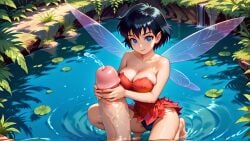 1girls ai_generated black_hair blue_eyes crysta dress erect_nipples fairy fairy_wings ferngully holding_penis large_breasts looking_at_viewer minigirl outdoors penis pointy_ears short_hair slim_waist wide_hips