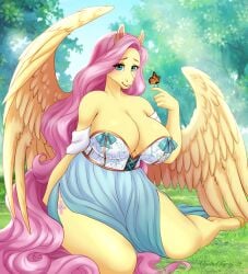 anthro anthrofied big_breasts bow_(feature) bow_bustier breasts bustier cleavage clothed clothing clothing_bow digital_media_(artwork) duo equid equine feathers female fluttershy_(mlp) friendship_is_magic hair hasbro huge_breasts mammal my_little_pony mythological_creature mythological_equine mythology outside pegasus pink_hair shaded spottedtigress twin_bows twin_clothing_bows wings yellow_body yellow_feathers