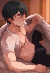 1boy abs ai_generated bulge danganronpa danganronpa_v3 feet gay horny inviting legs_apart legs_spread lifting_covers male_only open_shirt pants saihara_shuuichi shuichi_saihara smug sweat sweating sweaty thong under_covers veiny_arms