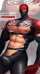 1boy bara beefy biceps big_breasts big_bulge big_hands bodysuit bulge bulge_through_clothing covered_face covered_mouth disproportional gay hero hi_res hunk looking_at_viewer male male_breasts male_only manly mature_male meisho_hanten muscles muscular muscular_arms muscular_male oppai original original_character pecs red_eyes solo standing text thick_arms tight_clothing torn_clothes tough_guy veiny veiny_belly veiny_breasts veiny_muscles very_high_resolution wide_shoulders yaoi