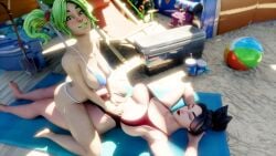 beach fortnite fortnite:_battle_royale hime_(fortnite) massage massive_breasts multiple_girls public swimsuit zoey_(fortnite)