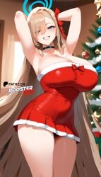 ai_generated arms_above_head arms_behind_head asuna_(blue_archive) asuna_(bunny)_(blue_archive) asuna_(bunny_girl)_(blue_archive) bare_shoulders black_choker blonde_female blonde_hair blue_archive blue_eyes boosterred99 bow choker christmas christmas_clothing christmas_outfit christmas_tree dress halo long_hair nier:_apony_diffusion_xl red_dress ribbon santa_costume seductive_look seductive_smile strapless thighs white_thong