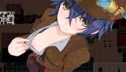 belt belt_buckle blue_hair blush breasts buckle closed_mouth collarbone detective_girl_of_the_steam_city female flat_chest game_cg goggles goggles_on_headwear hat looking_at_viewer nipples one_breast_out pulling_own_clothes short_hair small_breasts solo_focus sophie_(detective_girl_steam_city) sophie_winters tomboy upper_body yellow_eyes