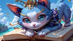 1girls ai_generated blue_fur blush book cat_ears cat_girl cat_tail collar feral league_of_legends looking_at_viewer on_all_fours outdoors paws tufted_fur whiskers yuumi_(lol)