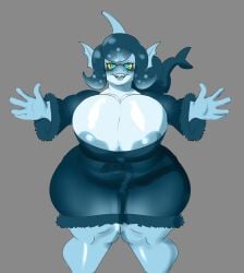 1girls arms_out barely_visible_areola big_breasts big_thighs blue_eyes blue_skin chubby female_only gills glasses jojojiva robe shark_humanoid sharp_teeth smile starry_eyes wide_hips