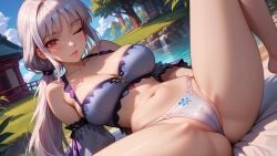 1girls ai_generated belly_button big_ass bikini_top blush cameltoe detached_sleeves knee_up large_breasts leaning_back legs_spread long_hair looking_at_viewer one_eye_closed outdoors ponytail red_eyes skindentation slim_waist thong vocaloid white_hair wide_hips yowane_haku