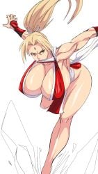 1girls 9:16 airi_akura big_breasts blonde_hair breasts cleavage cosplay fan fatal_fury female female_only fighting_pose fighting_stance folding_fan highres holding_object_in_mouth huge_breasts king_of_fighters kunoichi large_breasts long_hair mai_shiranui_(cosplay) mature_female naruto naruto_(series) naruto_shippuden ninja object_in_mouth pixiv ponytail revealing_clothes shounen_jump studio_pierrot tsunade voluptuous weekly_shonen_jump weekly_shounen_jump