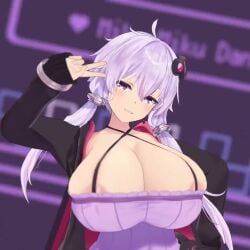 1girls areola_slip cleavage clothed dancing dat_ass huge_breasts large_breasts looking_at_viewer music purple_eyes purple_hair shorter_than_30_seconds tagme thick_thighs thighhighs twintails video vocaloid yuzuki_yukari