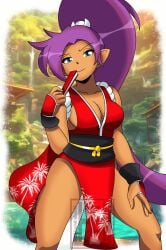 barely_clothed breasts cleavage crossover crossover_cosplay fan fatal_fury inchhighjedi king_of_fighters large_breasts mai_shiranui mai_shiranui_(cosplay) naughty_face no_bra no_panties no_underwear open_mouth ponytail purple_eyes purple_hair revealing_clothes seductive_smile shantae shantae_(character) smalljedi smile snk tagme the_king_of_fighters thick_thighs thighs very_long_hair wayforward