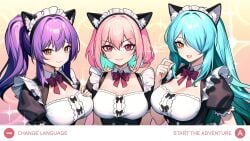 2024 3girls big_breasts blue_hair blush breasts cat_ears cat_maid cleavage cyan_hair etsuko_(hentai_girls) female green_eyes hair_over_one_eye hentai_girls hot_&_hentai human long_hair maid maid_headdress maid_uniform nintendo_switch open_mouth ponytail reddeer_games shirayuki_(hentai_girls) short_hair smile sparkles tagme tie title_screen yui_(hentai_girls)