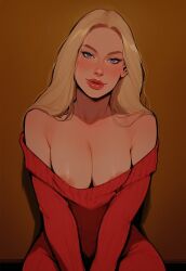 ai_generated areola_slip blonde_hair blue_eyes cleavage female hayesgens light-skinned_female long_hair original_character seductive_look seductive_smile solo sweater