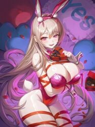 absurdres animal_ears bondage bound box box_of_chocolates breasts brown_hair cleavage commentary_request fake_animal_ears fake_tail falling_petals female goddess_of_victory:_nikke grey_pantyhose heart-shaped_box highres horns large_breasts leotard long_hair official_alternate_costume pantyhose petals pink_eyes pink_horns pink_leotard playboy_bunny rabbit_ears rabbit_tail red_petals smile solo tail valentine very_long_hair viper_(nikke) viper_(toxic_rabbit)_(nikke) y_frt