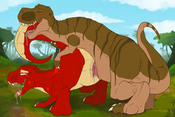 bent_over blush crimson_the_t-rex dinosaur drooling female feral forest fuf male penetration rothar saliva sex straight theropod tree tyrannosaurus_rex vaginal_penetration