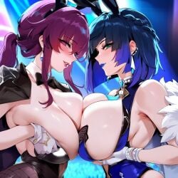 1girls 2girls animal_ears bangs bare_shoulders black_leotard blush breast_grab breast_press breasts bunny_ears bunny_girl bunny_tail bunnysuit cleavage cropped_jacket depressu detached_collar fake_animal_ears fishnet_legwear fishnets gloves grabbing hoyoverse imminent_kiss jacket jacket_on_shoulders kafka_(honkai:_star_rail) leotard long_hair looking_at_viewer multiple_girls naughty_face oral pantyhose parted_lips ponytail purple_hair smile strapless symmetrical_docking white_gloves white_leotard wrist_cuffs yelan_(genshin_impact) yuri